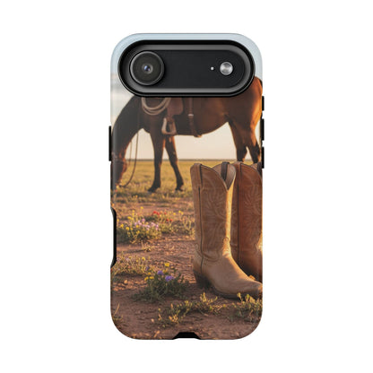Western Cowboy Boots Phone Case – Rustic Horse Sunset Tough Case (iPhone, Samsung, Pixel)