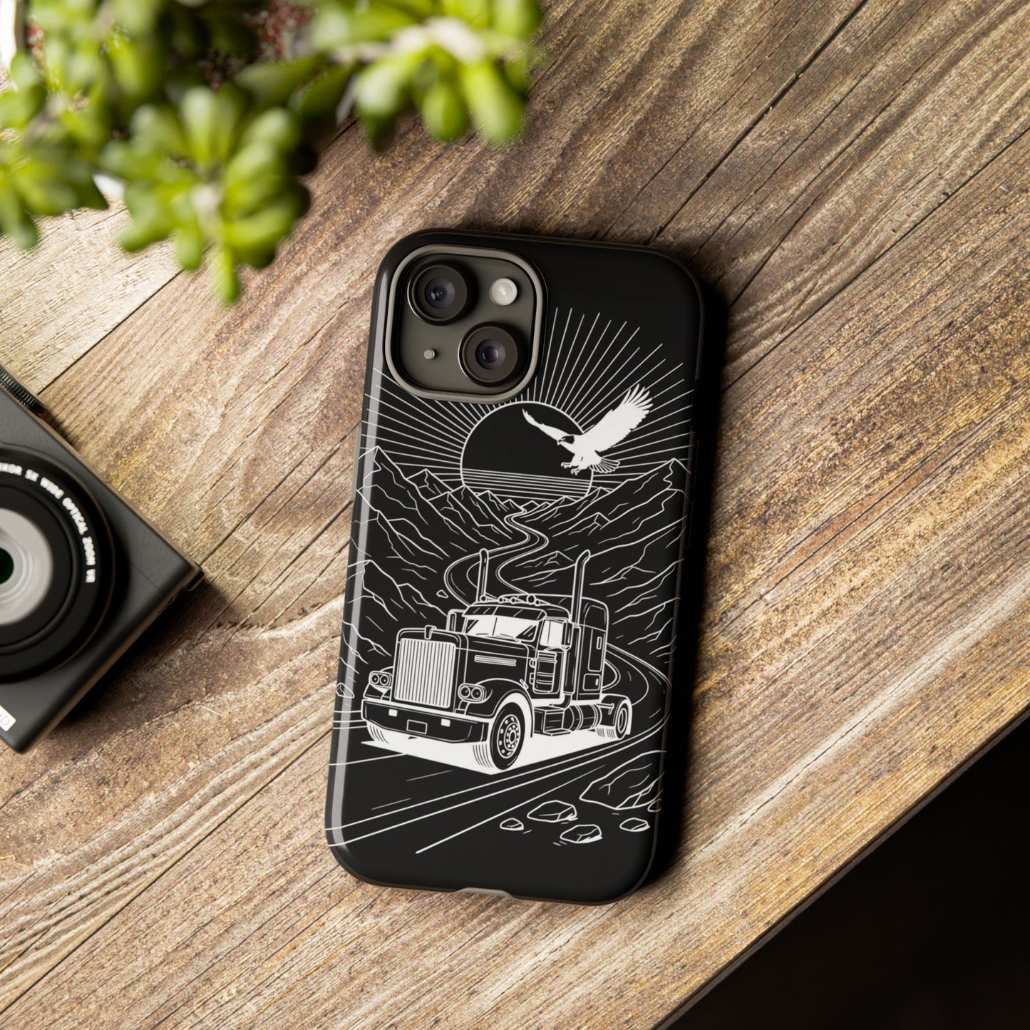 Trucker Highway Phone Case | Eagle & Mountain Line Art | Black Western Tough Case