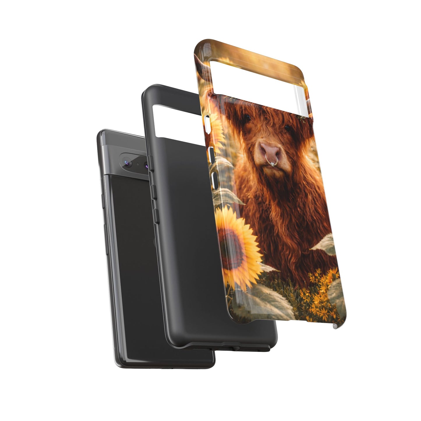 Highland Cow Sunflower Phone Case | Floral Farmhouse iPhone, Samsung Galaxy and Pixel Cover