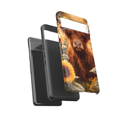 Highland Cow Sunflower Phone Case | Floral Farmhouse iPhone, Samsung Galaxy and Pixel Cover