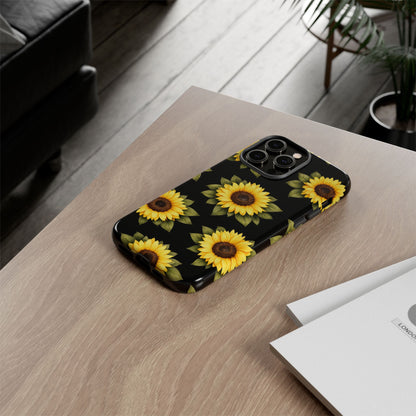 Sunflower Floral Tough Phone Case – Black Background Protective Cover for Iphone, Samsung Galaxy and Pixel