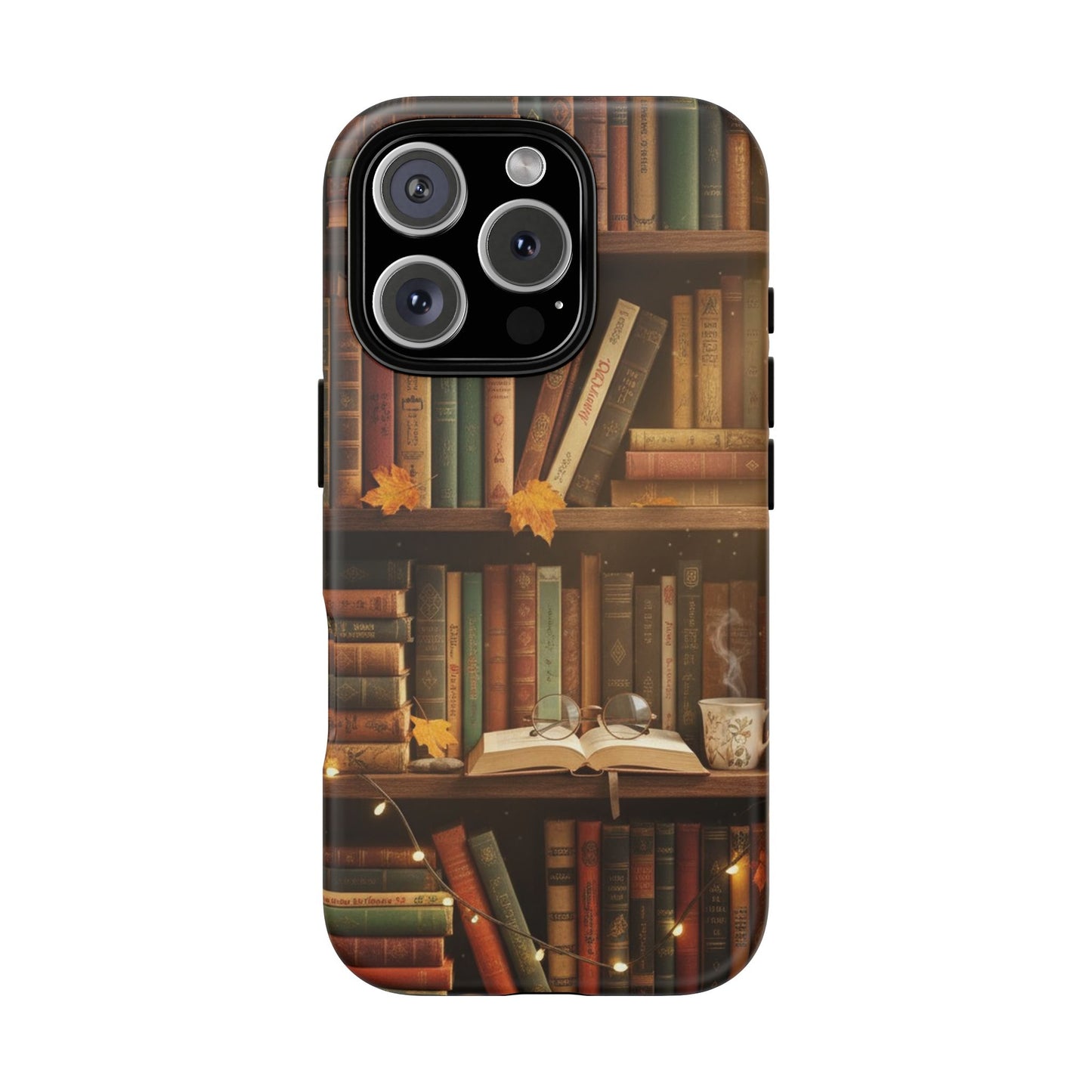 Cozy Vintage Bookshelf Phone Case, Library Aesthetic Book Stack, Autumn Coffee Vibes (iPhone, Samsung, Pixel)