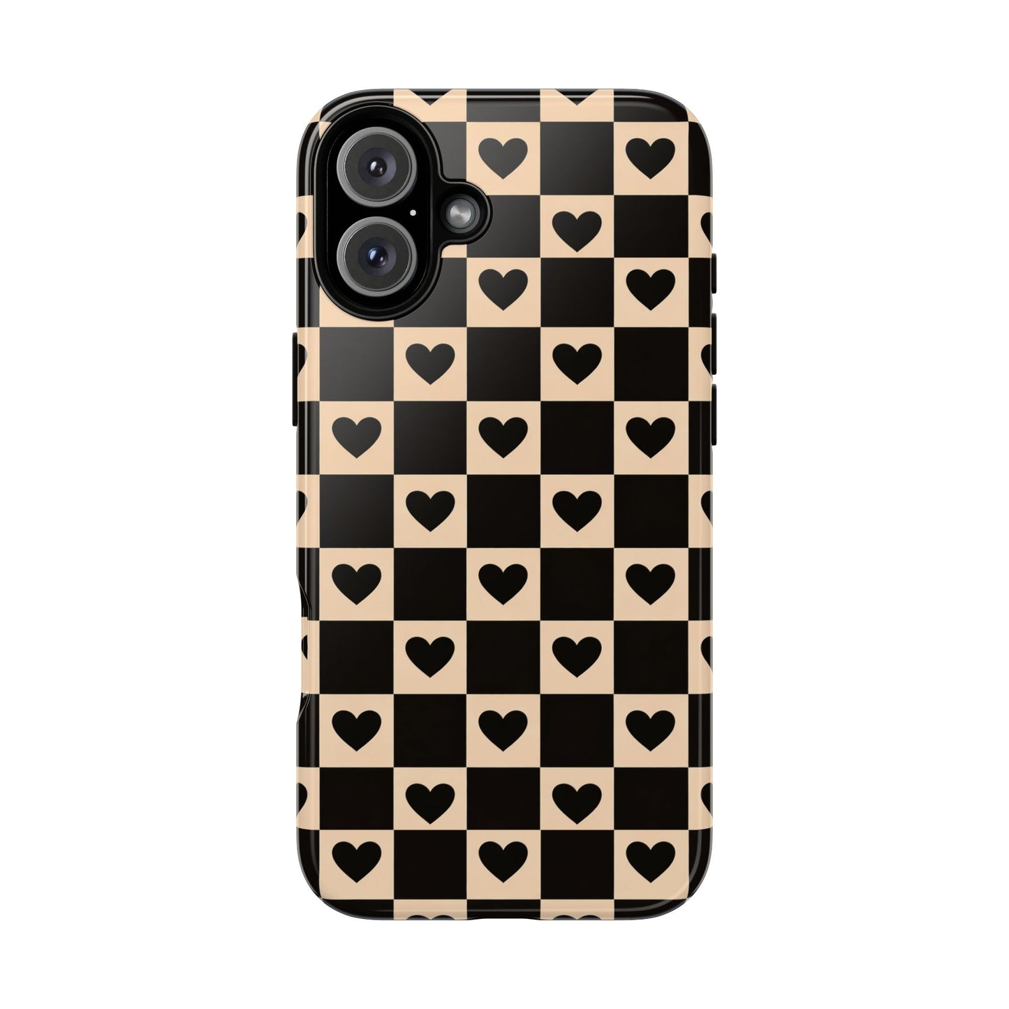 Checkerboard Heart Phone Case – Black & Beige Cute Aesthetic Protective Cover for Iphone, Samsung Galaxy and Pixel