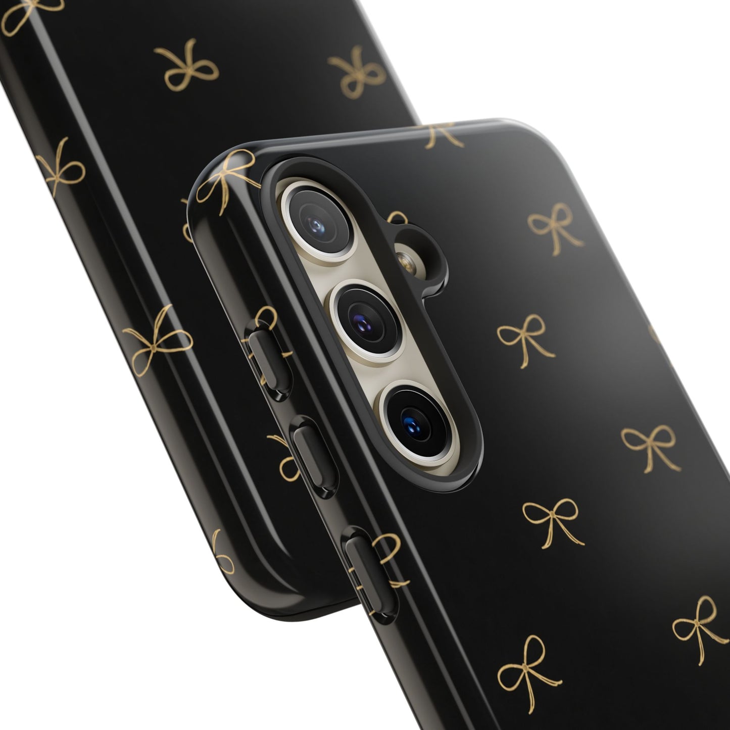 Black Phone Case with Gold Bow Pattern – Slim Protective Cute Aesthetic Cover for Iphone, Samsung Galaxy and Pixel