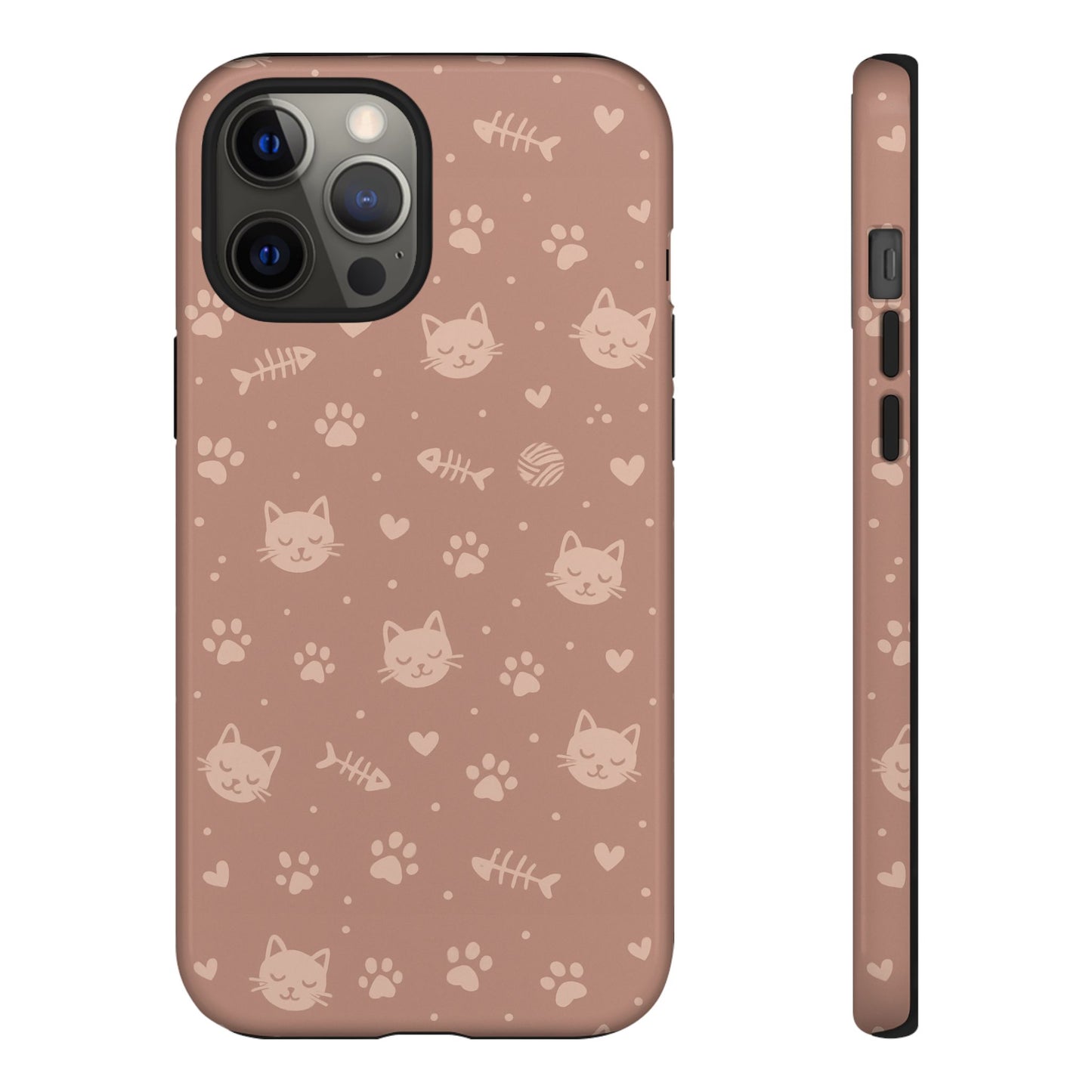 Cute Cat Pattern Phone Case | Paw Prints, Fishbone & Yarn Design Tough Case