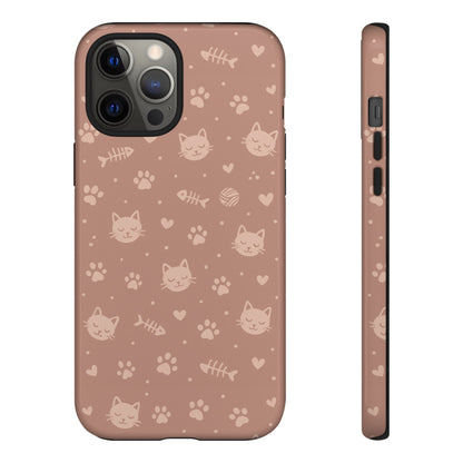 Cute Cat Pattern Phone Case | Paw Prints, Fishbone & Yarn Design Tough Case