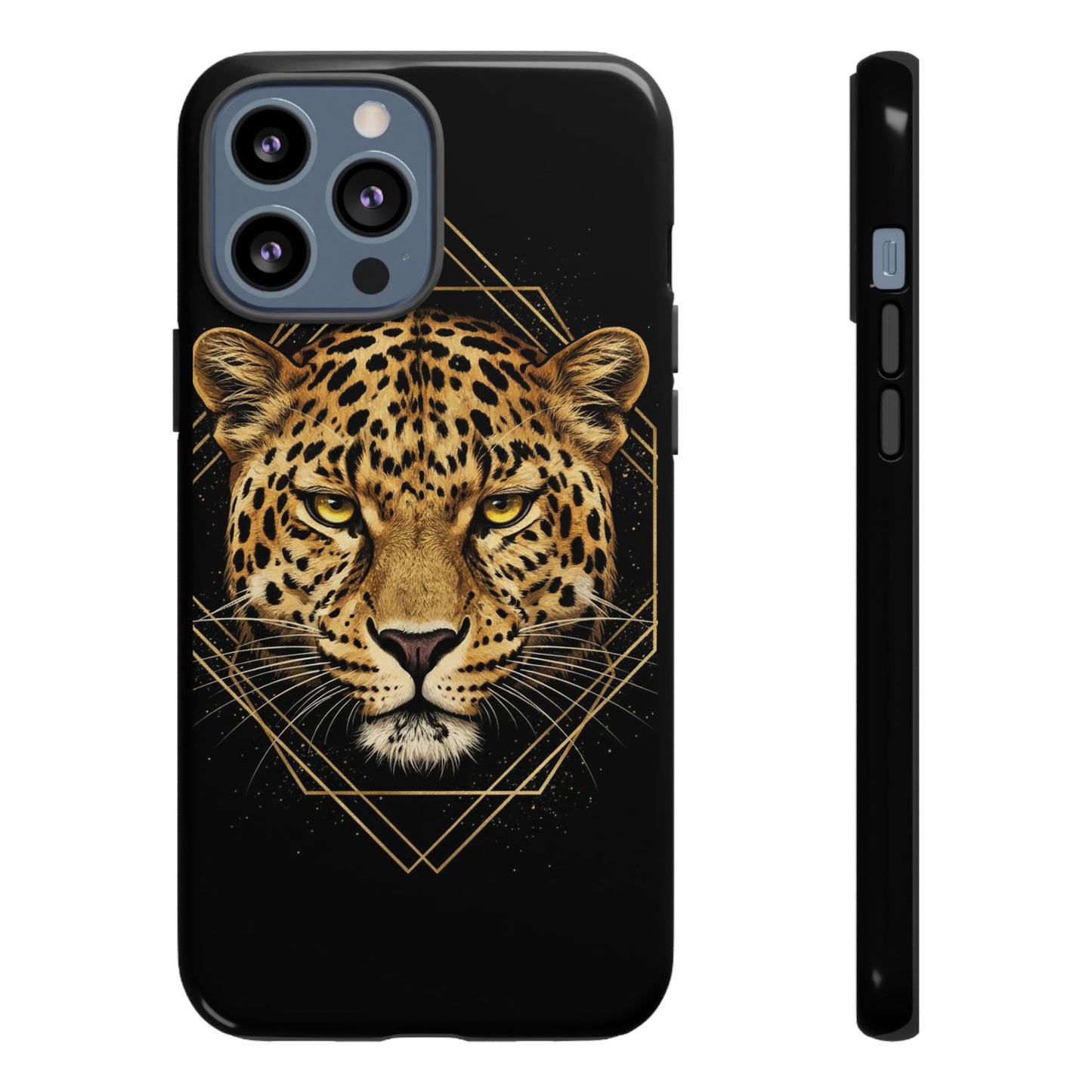 Leopard Head Geometric Phone Case – Black & Gold Luxe Tough Case