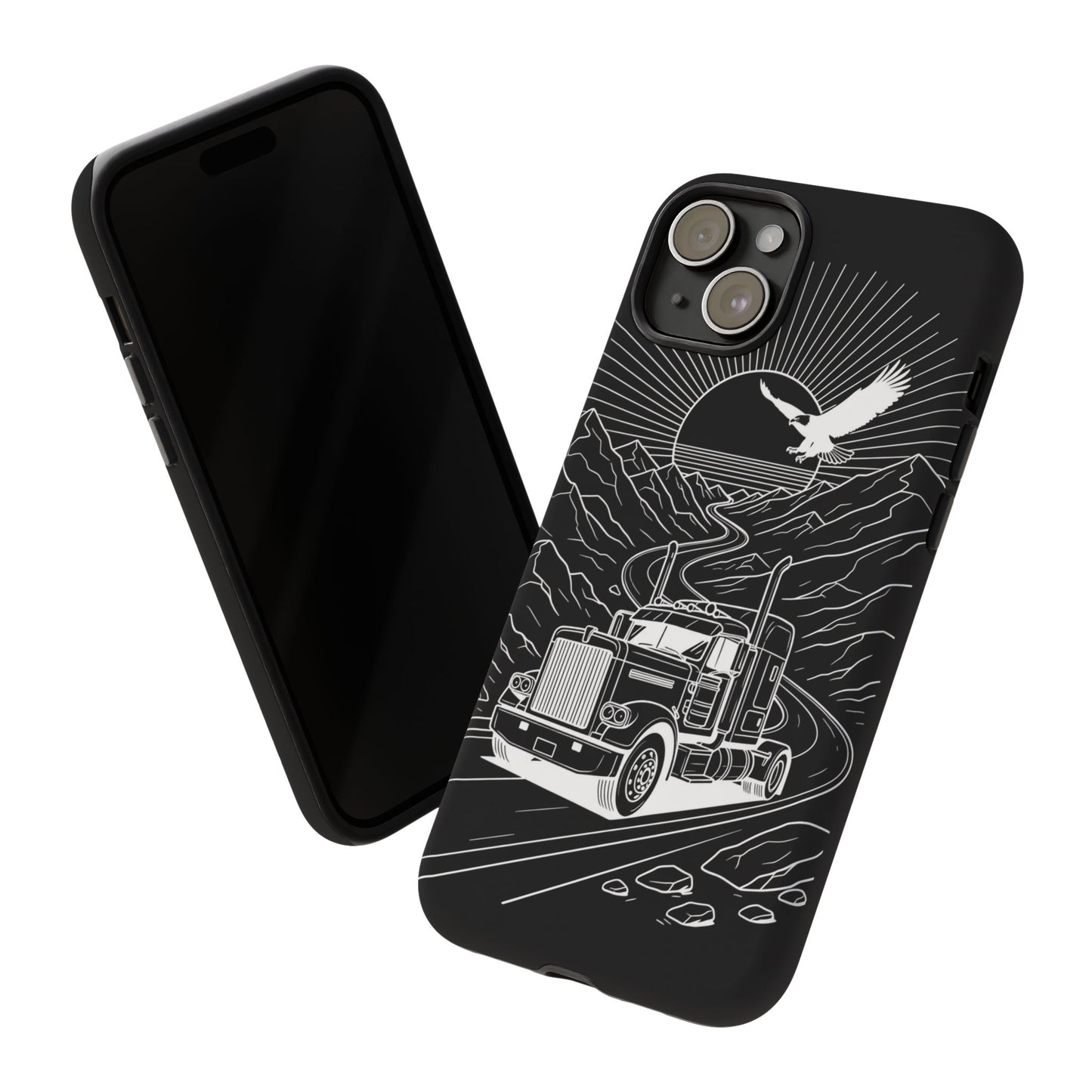 Trucker Highway Phone Case | Eagle & Mountain Line Art | Black Western Tough Case