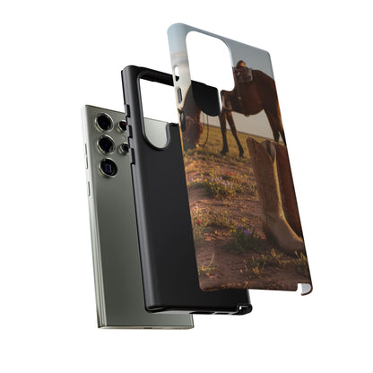 Western Cowboy Boots Phone Case – Rustic Horse Sunset Tough Case (iPhone, Samsung, Pixel)