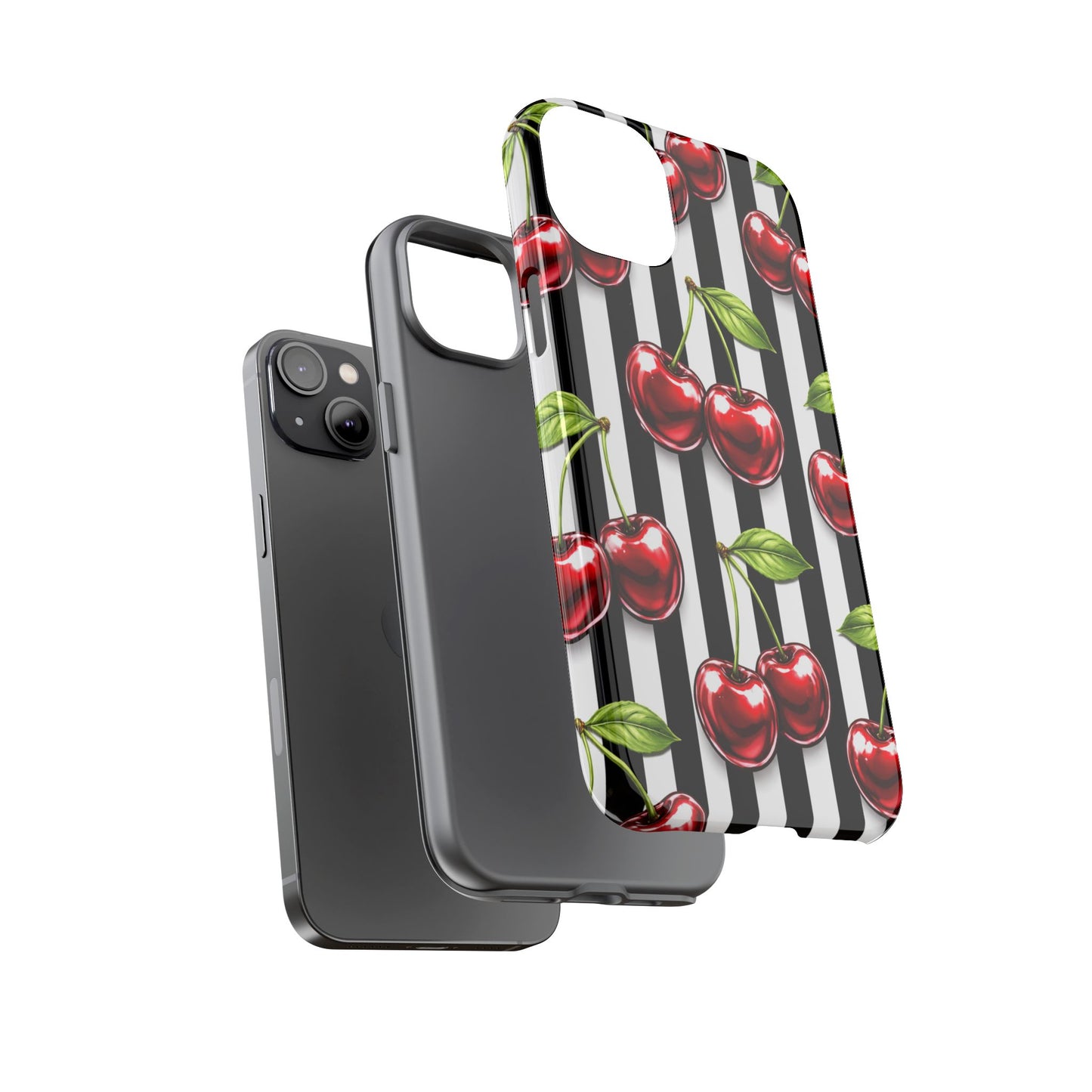 Cherry Pattern Phone Case Black White Stripe Retro Aesthetic Tough Cover