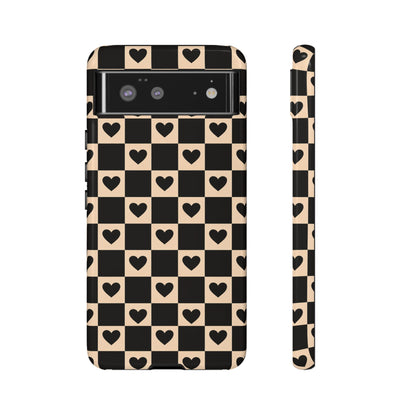 Checkerboard Heart Phone Case – Black & Beige Cute Aesthetic Protective Cover for Iphone, Samsung Galaxy and Pixel