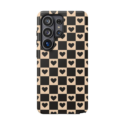 Checkerboard Heart Phone Case – Black & Beige Cute Aesthetic Protective Cover for Iphone, Samsung Galaxy and Pixel