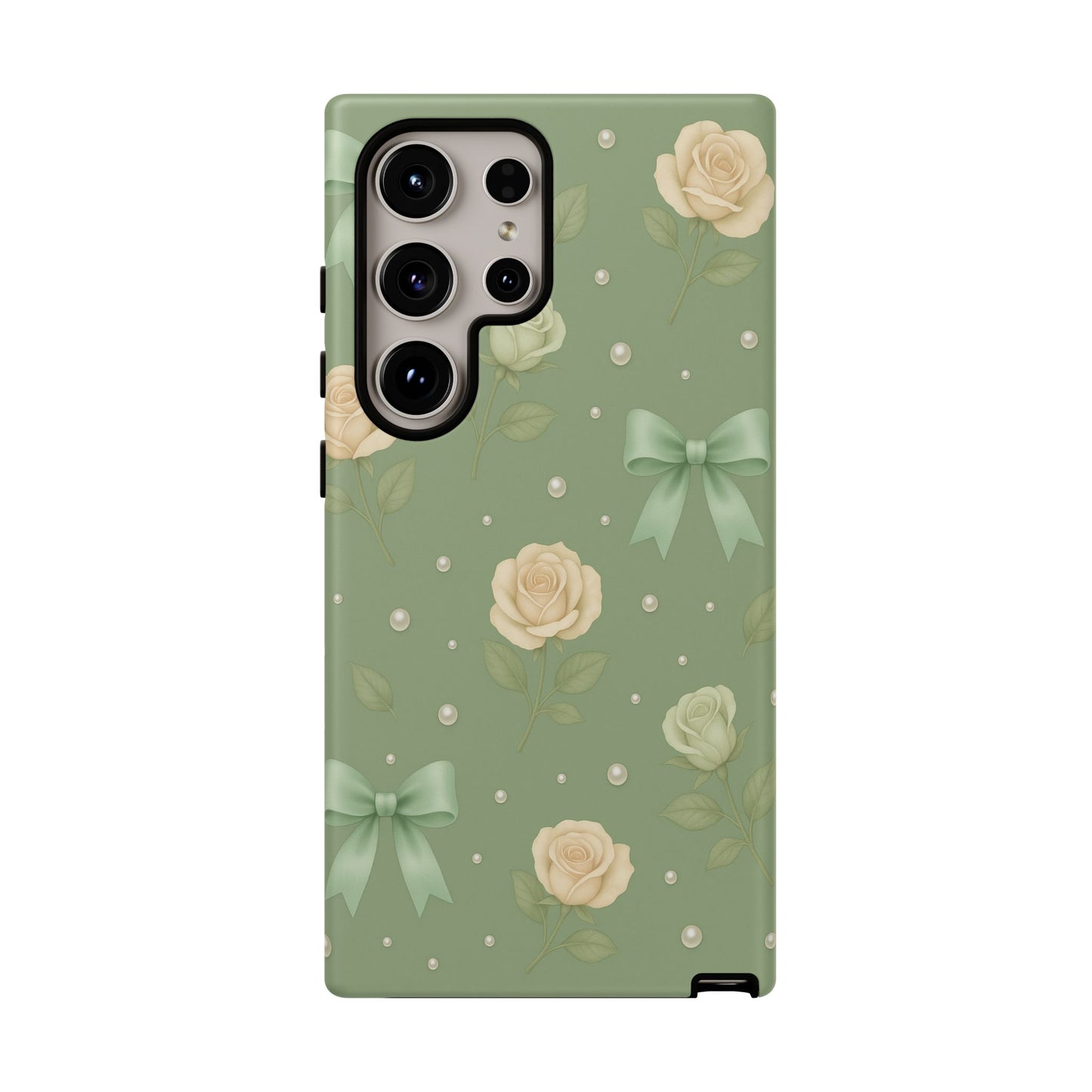 Vintage Rose Bow Phone Case – Sage Green Floral Coquette Aesthetic Tough Case (iPhone, Samsung, Pixel)