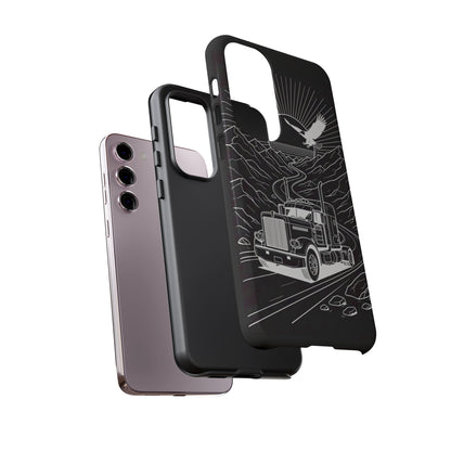 Trucker Highway Phone Case | Eagle & Mountain Line Art | Black Western Tough Case