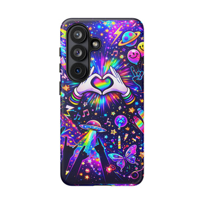 Rainbow Heart Hands Phone Case – Neon Galaxy EDM Festival Tough Cover