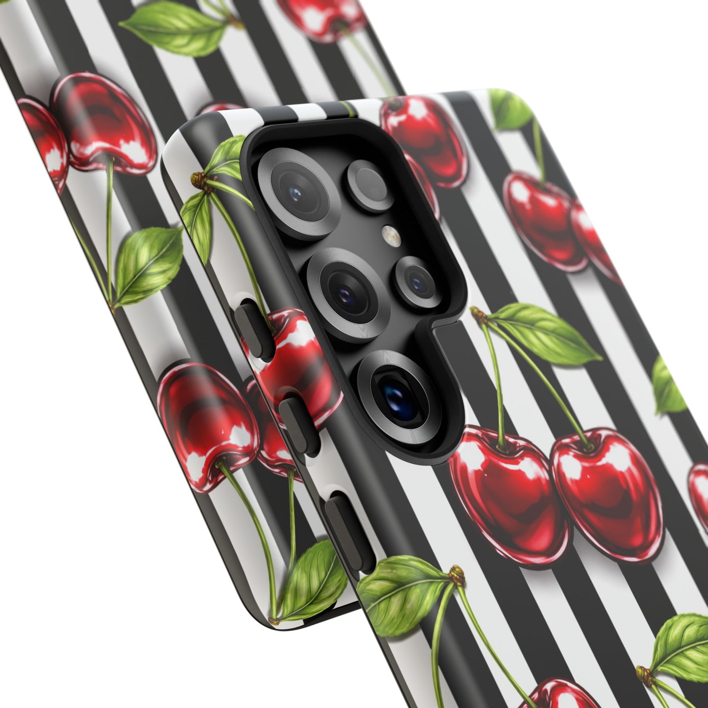 Cherry Pattern Phone Case Black White Stripe Retro Aesthetic Tough Cover
