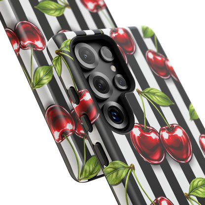 Cherry Pattern Phone Case Black White Stripe Retro Aesthetic Tough Cover