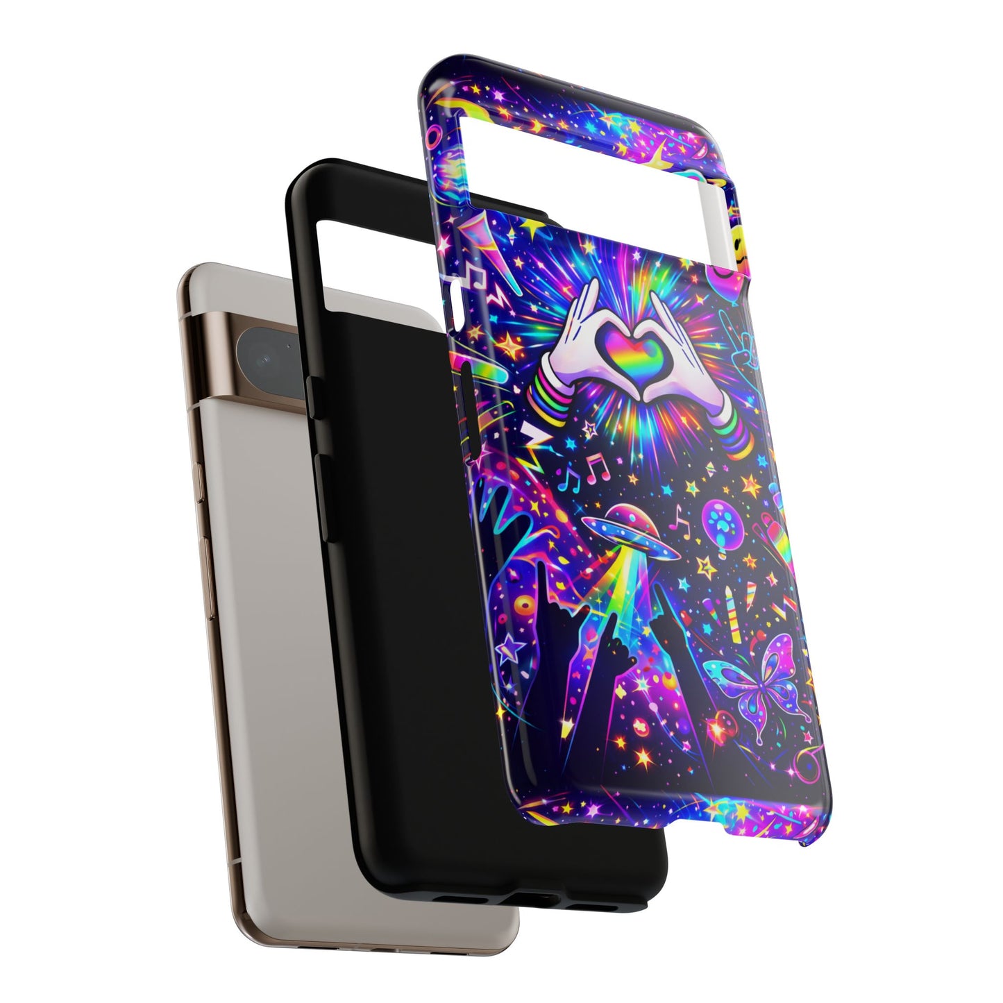 Rainbow Heart Hands Phone Case – Neon Galaxy EDM Festival Tough Cover