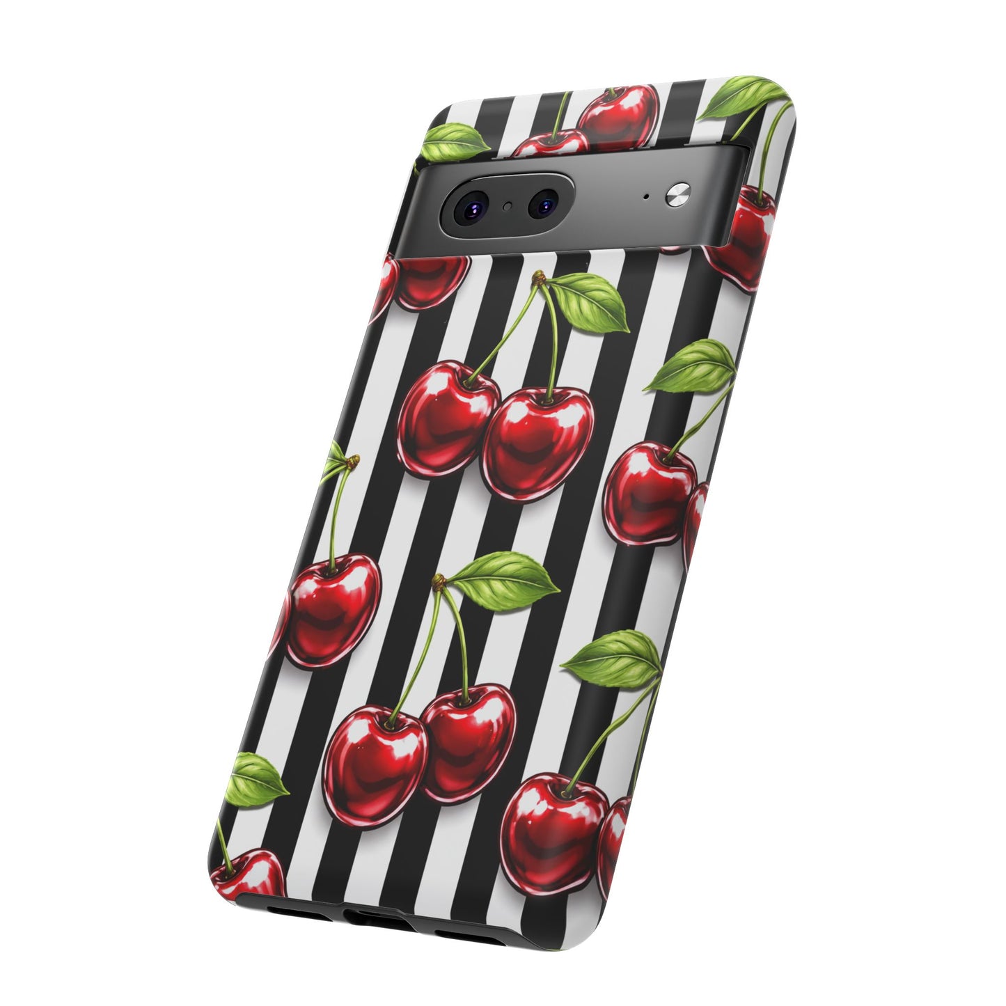 Cherry Pattern Phone Case Black White Stripe Retro Aesthetic Tough Cover