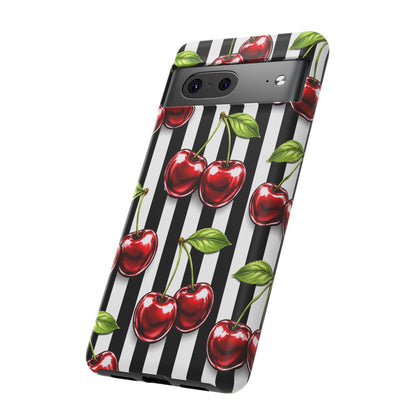 Cherry Pattern Phone Case Black White Stripe Retro Aesthetic Tough Cover