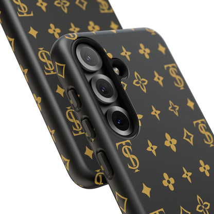 Gold Monogram Pattern Tough Phone Case | Black & Gold Luxury Design for Iphone, Samsung Galaxy and Pixel