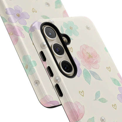 Pastel Floral Phone Case – Coquette Watercolor Flower Hearts Tough Case (iPhone, Samsung, Pixel)