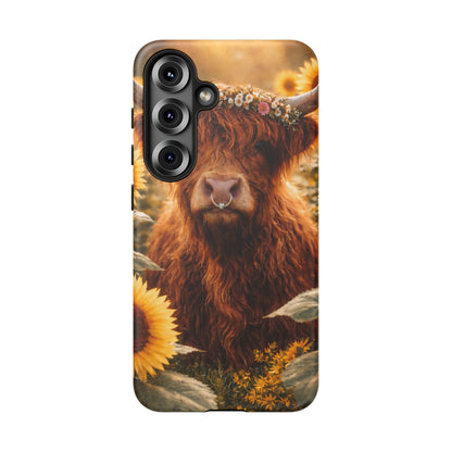 Highland Cow Sunflower Phone Case | Floral Farmhouse iPhone, Samsung Galaxy and Pixel Cover