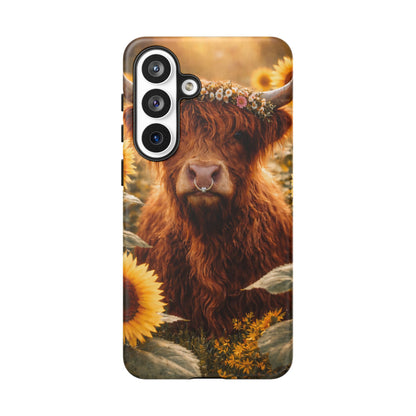 Highland Cow Sunflower Phone Case | Floral Farmhouse iPhone, Samsung Galaxy and Pixel Cover