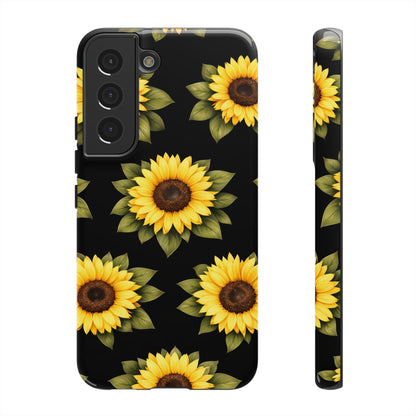 Sunflower Floral Tough Phone Case – Black Background Protective Cover for Iphone, Samsung Galaxy and Pixel