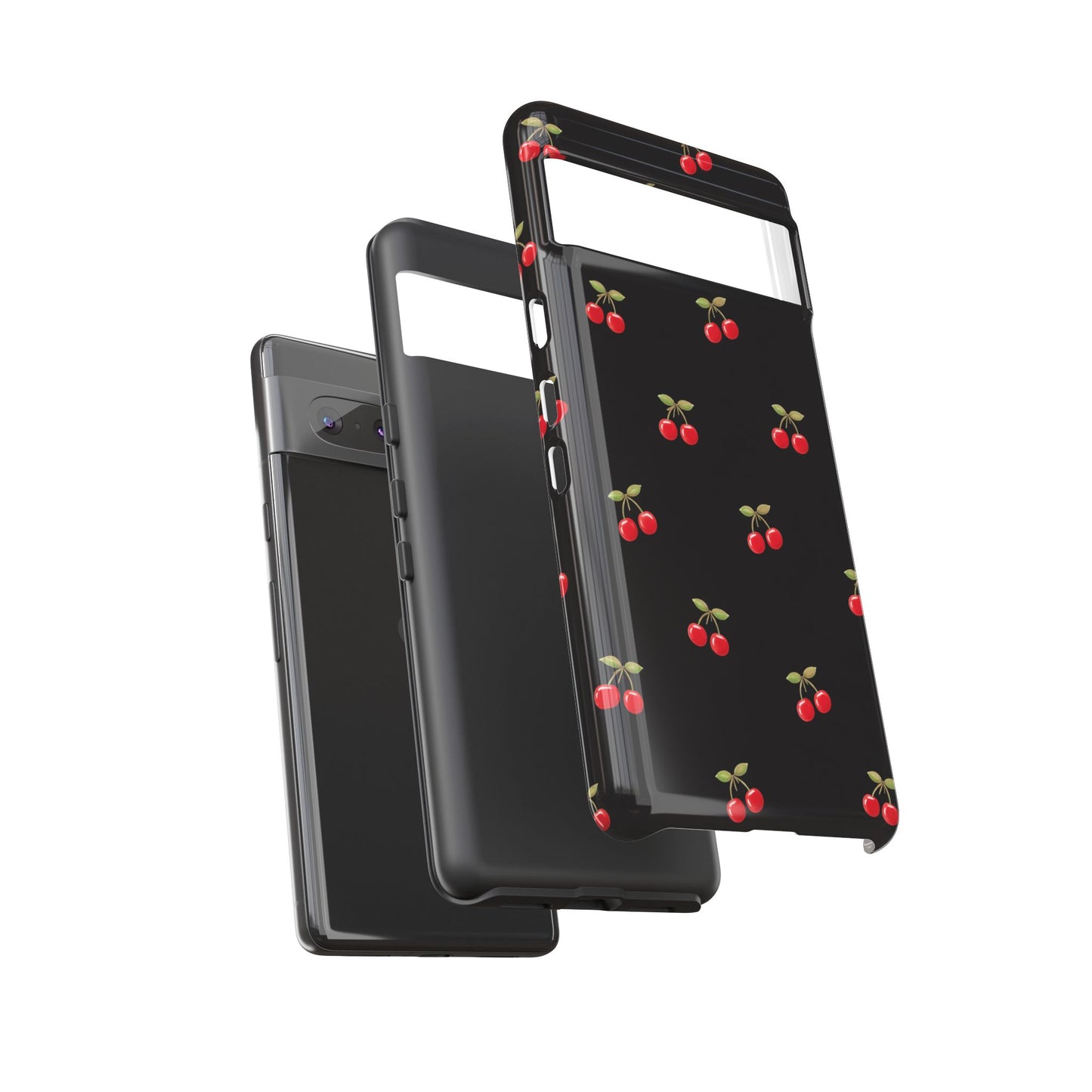Cherry Pattern Phone Case — Slim Black Protective iPhone Case with Red Cherries for Iphone, Samsung Galaxy and Pixel