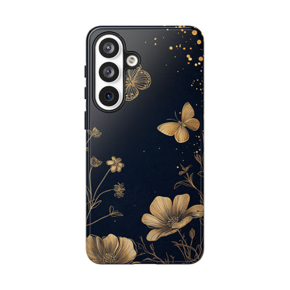 Gold Floral Butterfly Phone Case, Dark Aesthetic Botanical, Elegant Black Luxury iPhone Samsung Cover