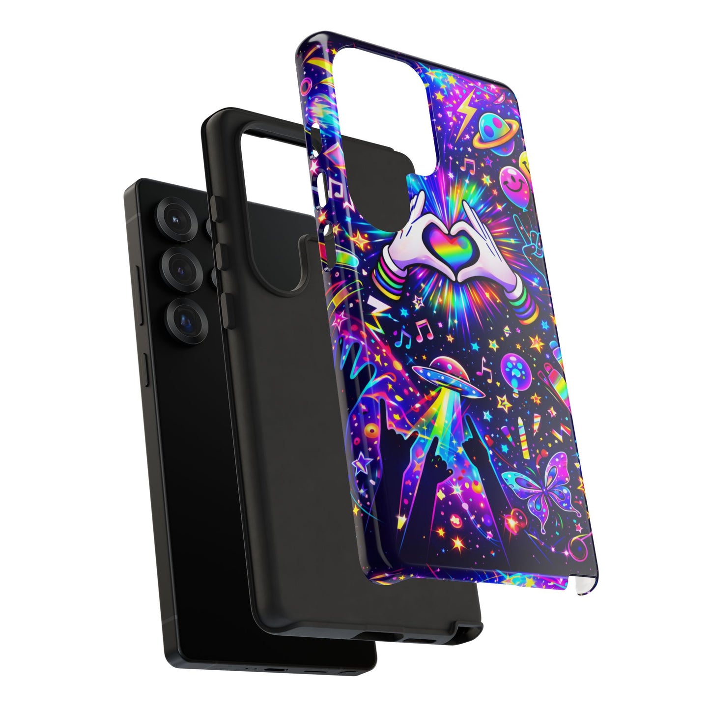 Rainbow Heart Hands Phone Case – Neon Galaxy EDM Festival Tough Cover