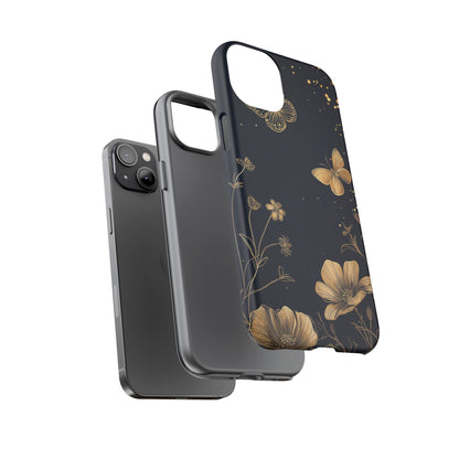 Gold Floral Butterfly Phone Case, Dark Aesthetic Botanical, Elegant Black Luxury iPhone Samsung Cover
