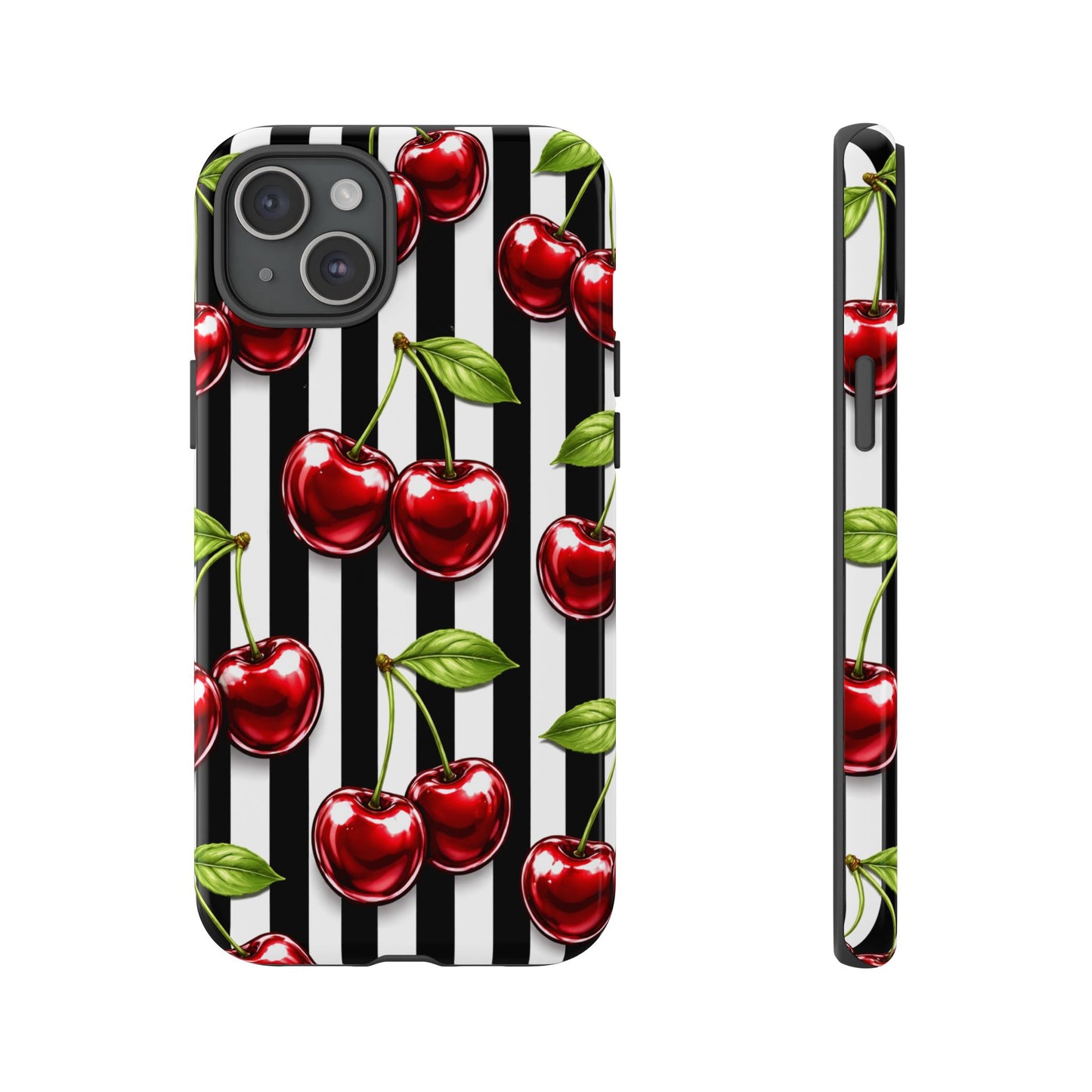 Cherry Pattern Phone Case Black White Stripe Retro Aesthetic Tough Cover