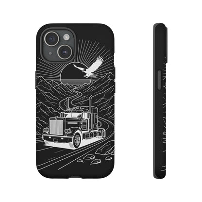 Trucker Highway Phone Case | Eagle & Mountain Line Art | Black Western Tough Case