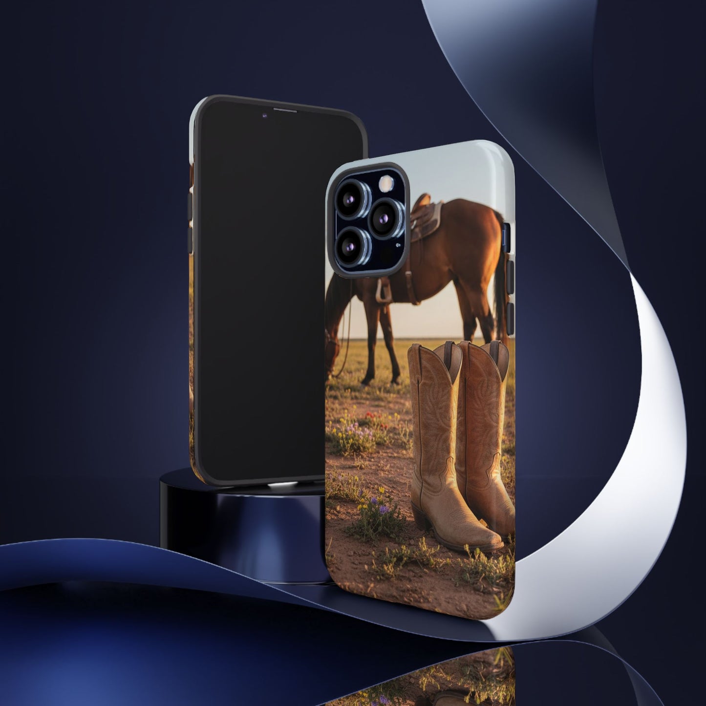 Western Cowboy Boots Phone Case – Rustic Horse Sunset Tough Case (iPhone, Samsung, Pixel)