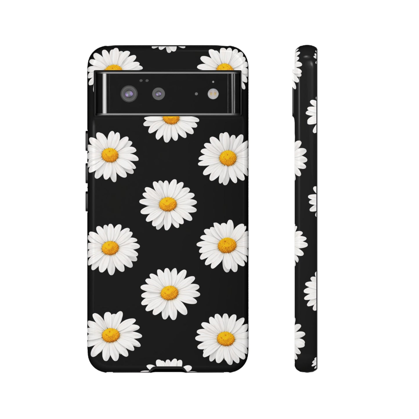 Black Daisy Floral Tough Phone Case – Cute Protective Cover for Iphone, Samsung Galaxy and Pixel
