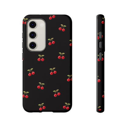 Cherry Pattern Phone Case — Slim Black Protective iPhone Case with Red Cherries for Iphone, Samsung Galaxy and Pixel