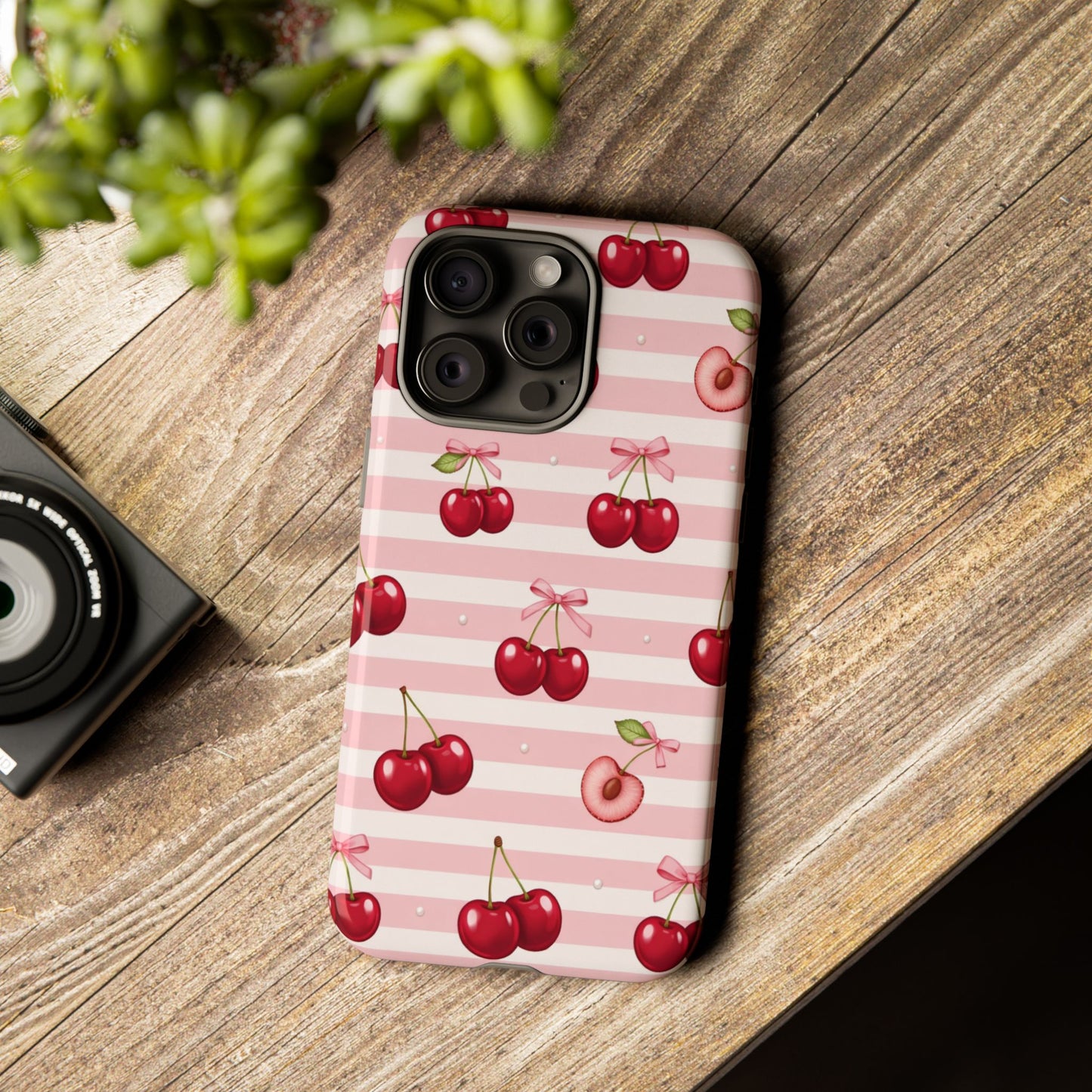 Coquette Cherry Bow Phone Case | Cute Pink Aesthetic Cherry Pattern Tough Case for iPhone & Samsung
