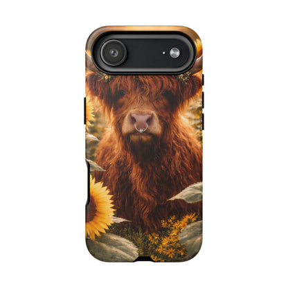 Highland Cow Sunflower Phone Case | Floral Farmhouse iPhone, Samsung Galaxy and Pixel Cover