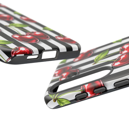 Cherry Pattern Phone Case Black White Stripe Retro Aesthetic Tough Cover