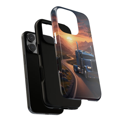Semi Truck Sunset Phone Case | Trucker Gift | Diesel Truck Highway Road iPhone & Samsung Tough Protective Case