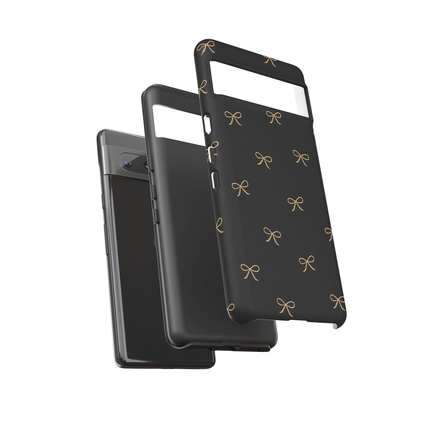 Black Phone Case with Gold Bow Pattern – Slim Protective Cute Aesthetic Cover for Iphone, Samsung Galaxy and Pixel