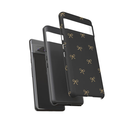 Black Phone Case with Gold Bow Pattern – Slim Protective Cute Aesthetic Cover for Iphone, Samsung Galaxy and Pixel