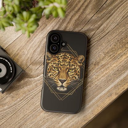 Leopard Head Geometric Phone Case – Black & Gold Luxe Tough Case