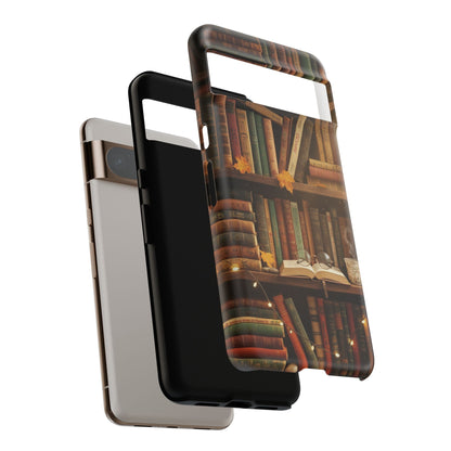 Cozy Vintage Bookshelf Phone Case, Library Aesthetic Book Stack, Autumn Coffee Vibes (iPhone, Samsung, Pixel)