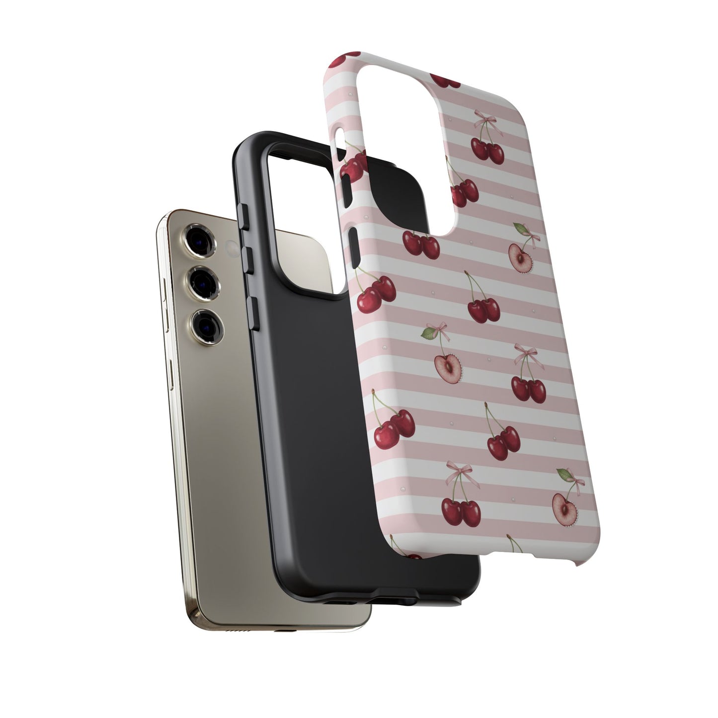 Pink Cherry Stripe Phone Case | Cute Coquette Aesthetic Protective Tough Case