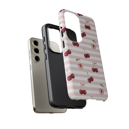 Pink Cherry Stripe Phone Case | Cute Coquette Aesthetic Protective Tough Case