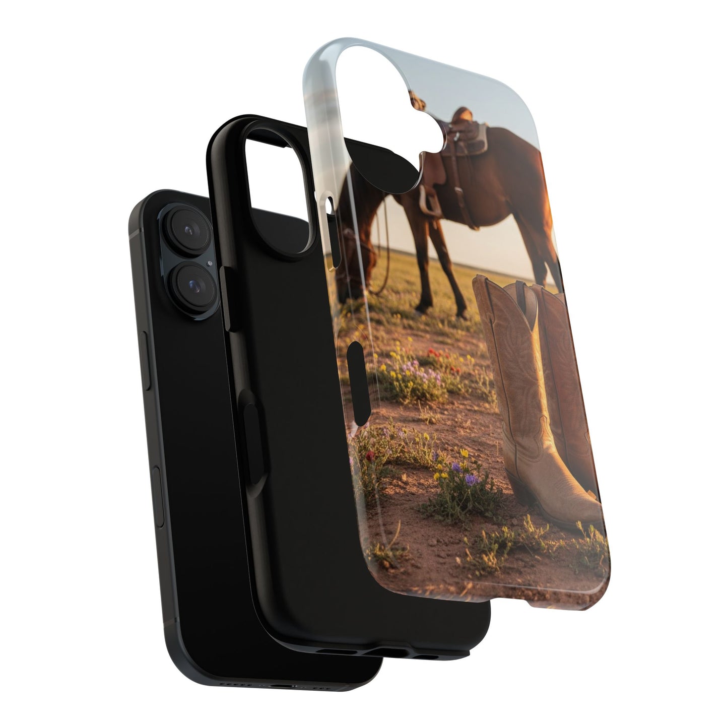 Western Cowboy Boots Phone Case – Rustic Horse Sunset Tough Case (iPhone, Samsung, Pixel)