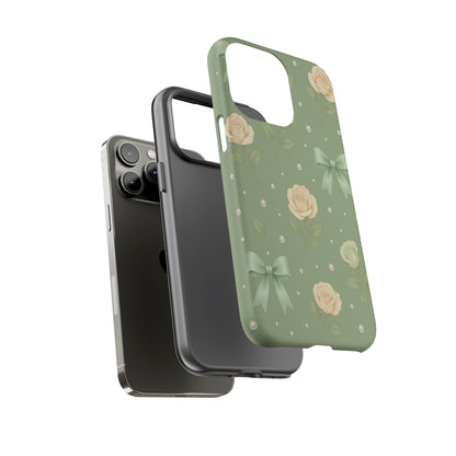 Vintage Rose Bow Phone Case – Sage Green Floral Coquette Aesthetic Tough Case (iPhone, Samsung, Pixel)